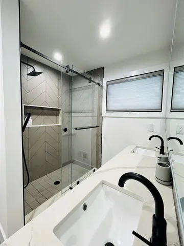 a bathroom with a sink and a shower