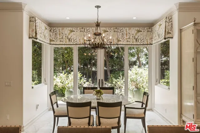 a view of a dining room with furniture wooden floor and chandelier