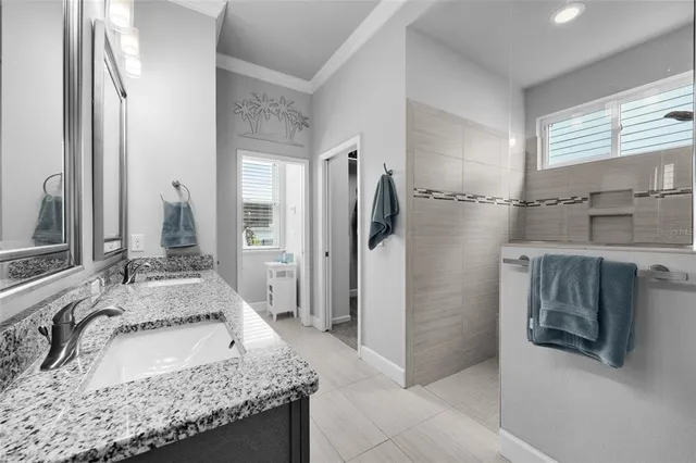 a bathroom with a granite countertop sink a mirror and shower