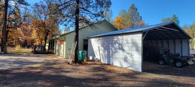 a view of a street with a tree in front of it