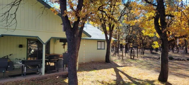 a view of a house with backyard and trees