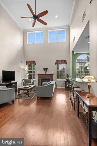 a living room with furniture wooden floor and a fireplace
