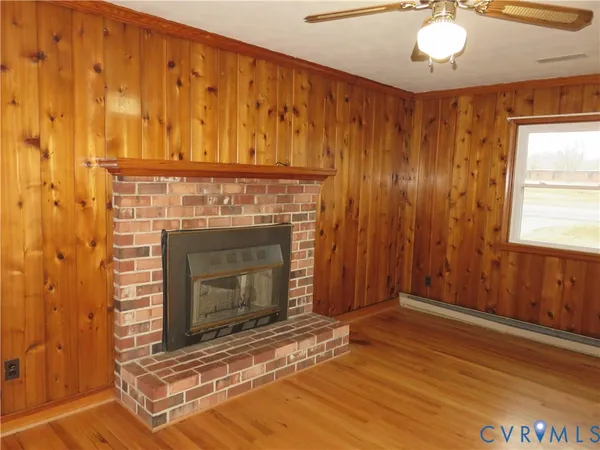 a living room with a fireplace