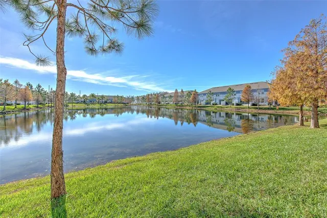 a view of a lake with houses in the back