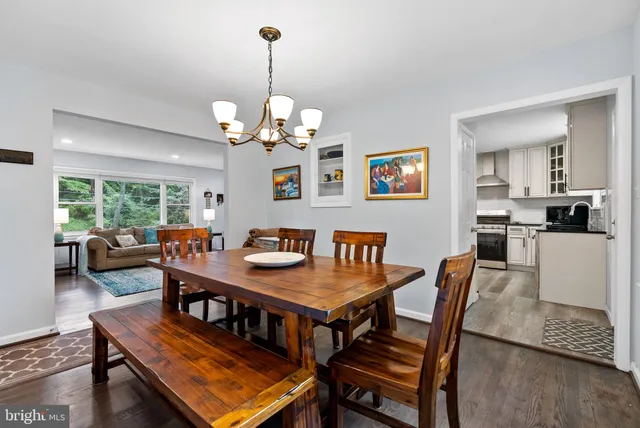 a view of dining room with wooden floor and stairs