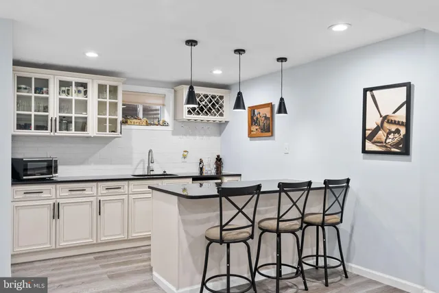 a view of a park with large trees