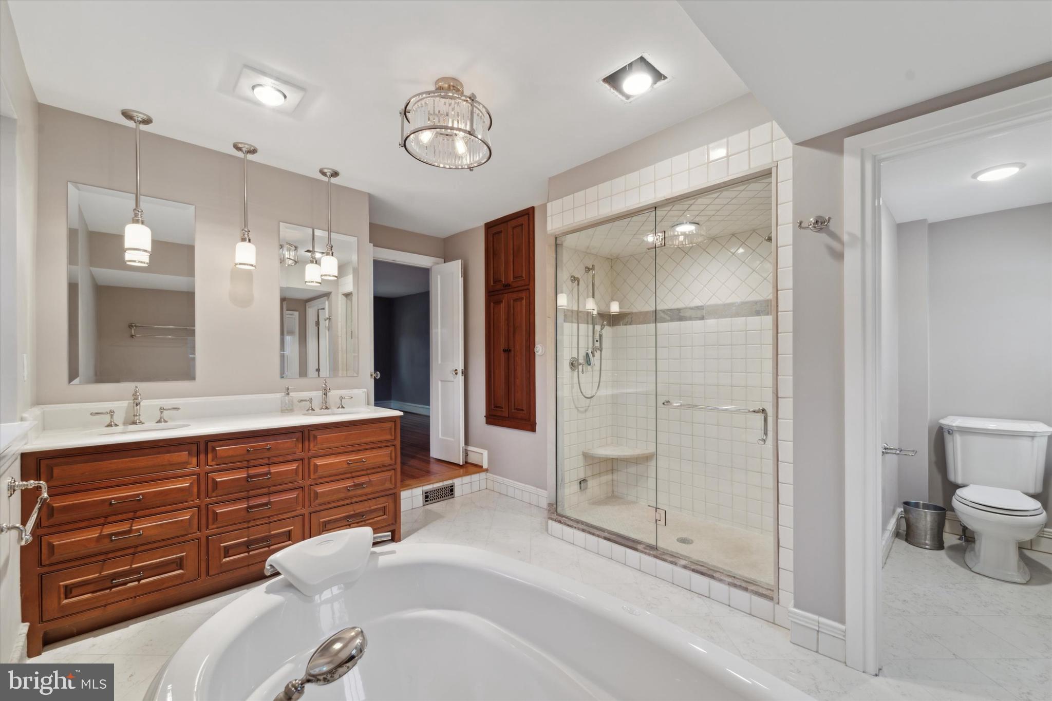 101 East Brookhaven Road Wallingford, PA 19086 - Photo 28 of 60 a bathroom with a double vanity sink toilet and shower