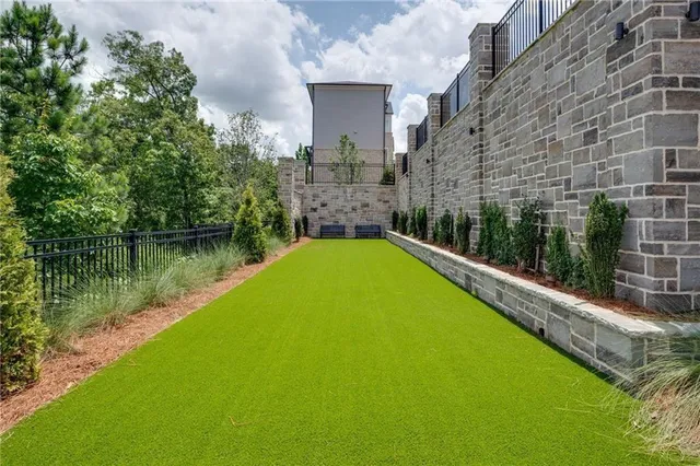 a view of a lake with a large pool
