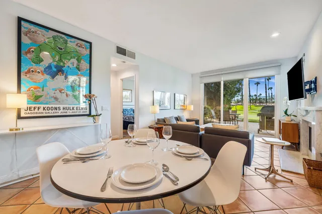 a view of a dining room with furniture