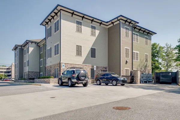 a view of a building and a street