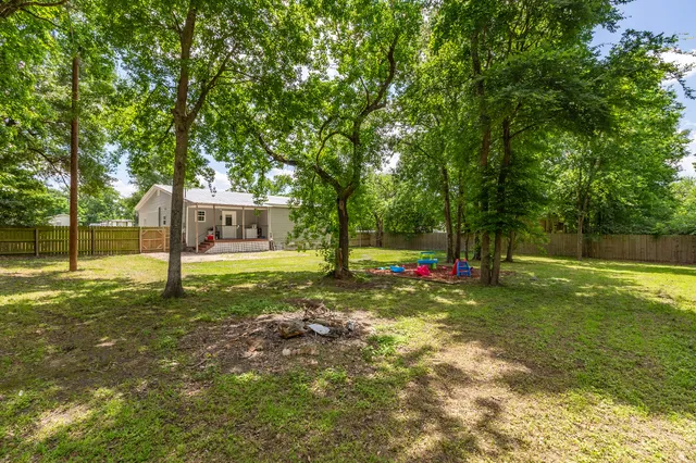a view of a park with large trees