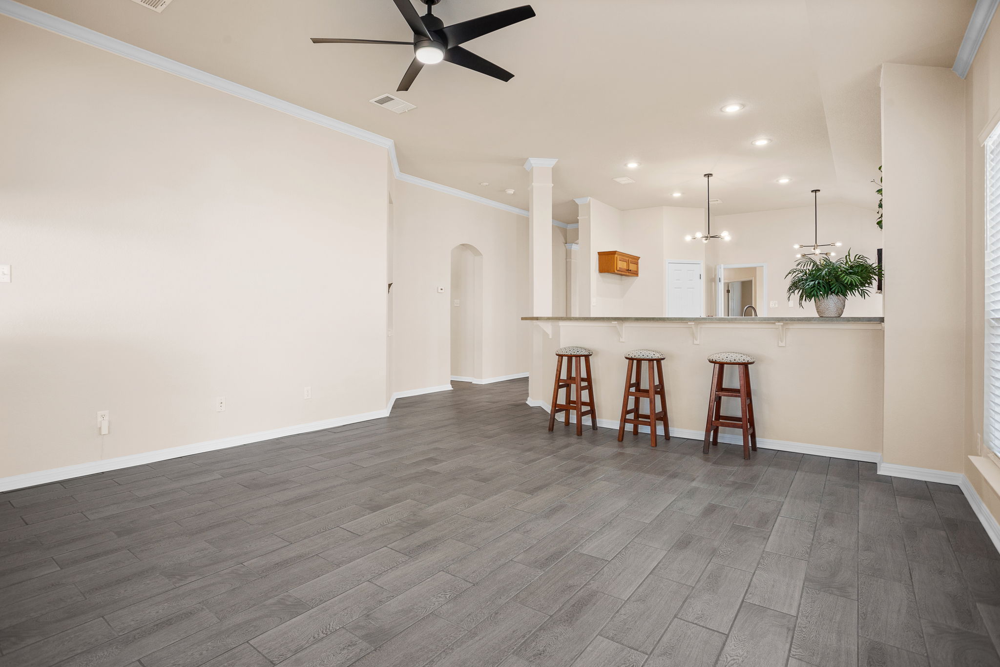 313 Greenside Lane Georgetown, TX 78633 - Photo 21 of 40 Living area with a ceiling fan, dark wood-style floors, arched walkways, recessed lighting, and crown molding