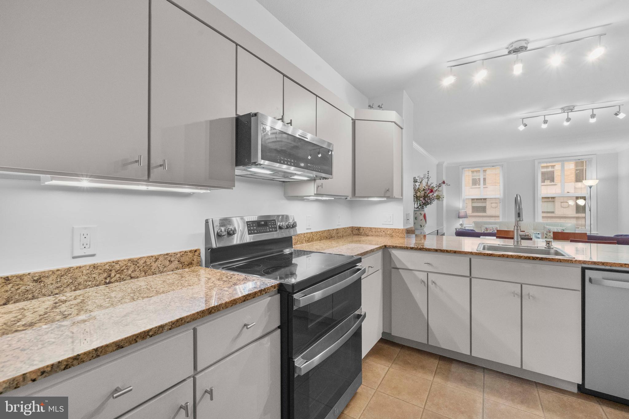 616 E Street Northwest, Unit 522 Washington, DC 20004 - Photo 13 of 43 a kitchen with stainless steel appliances granite countertop a sink stove and cabinets