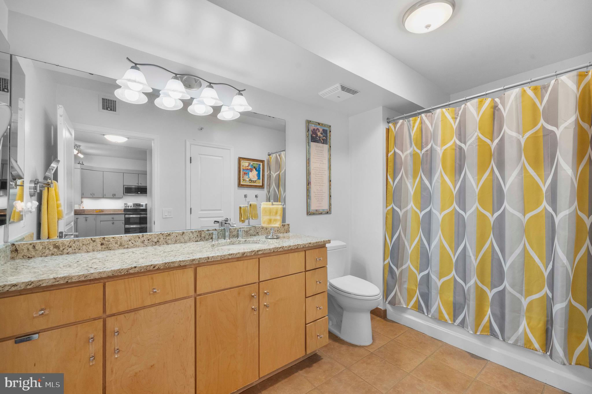 616 E Street Northwest, Unit 522 Washington, DC 20004 - Photo 22 of 43 a bathroom with a granite countertop sink a toilet and a large mirror