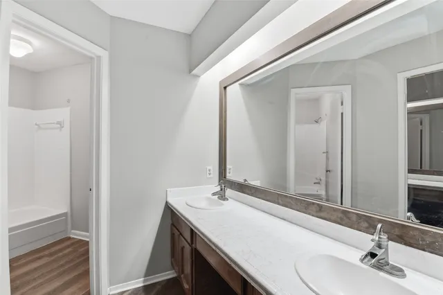a bathroom with a sink and a mirror