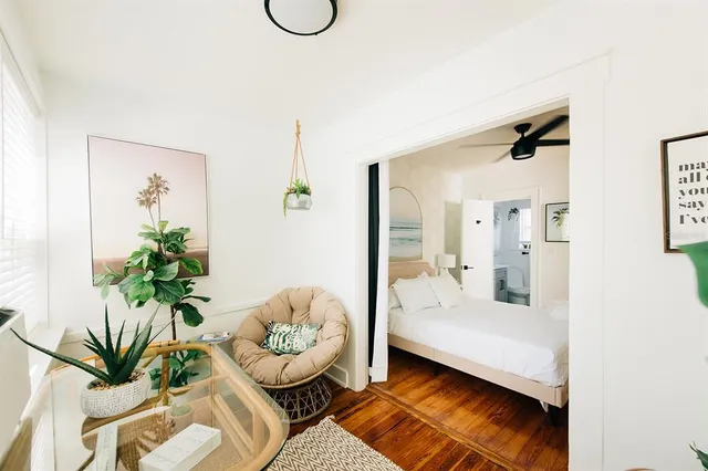 a bedroom with furniture and a potted plant