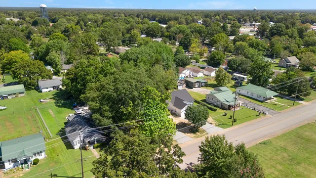 an aerial view of residential houses with outdoor space and trees