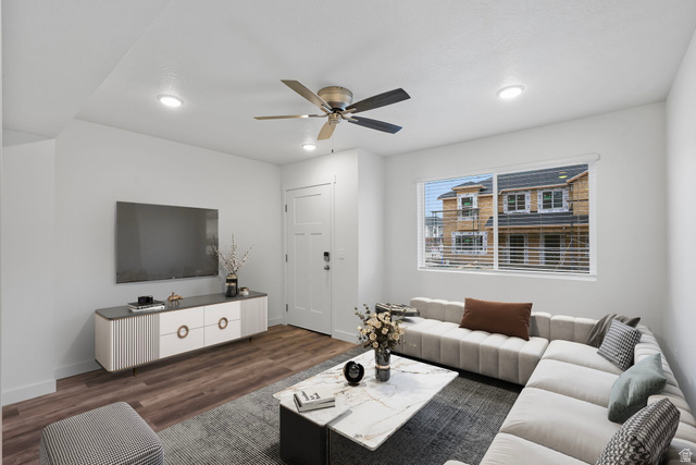 449 West 980th South Ogden, UT 84404 - Photo 3 of 23 Spacious living area featuring wood-finish flooring, recessed lighting, and a modern ceiling fan