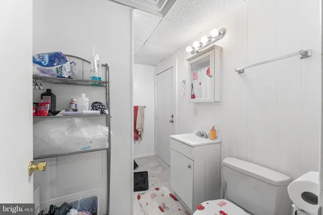 a bathroom with a sink vanity mirror and toilet