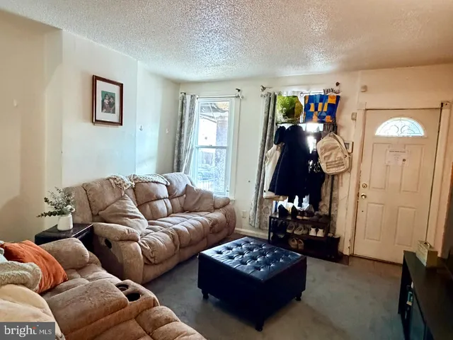 a living room with furniture a rug and a window