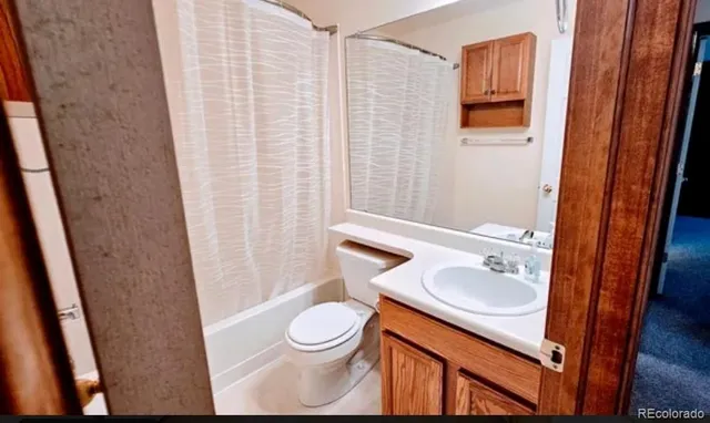 a bathroom with a sink a toilet and shower curtain