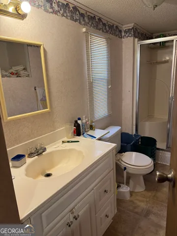 a bathroom with a sink a toilet a mirror and shower