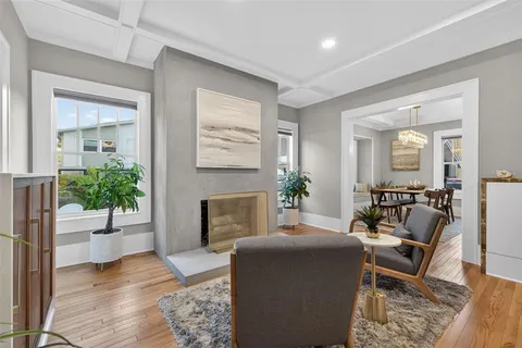 a living room with furniture potted plant and a fireplace