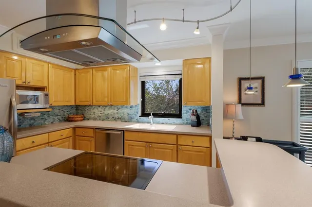 a kitchen with a sink a counter top space cabinets and stainless steel appliances
