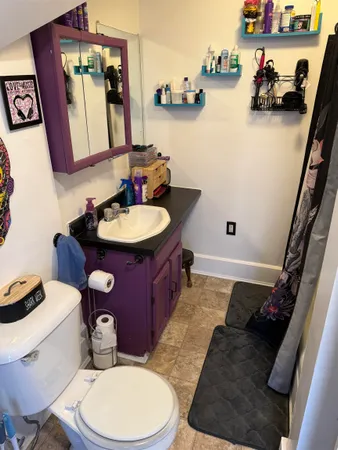 a bathroom with a toilet a sink and mirror