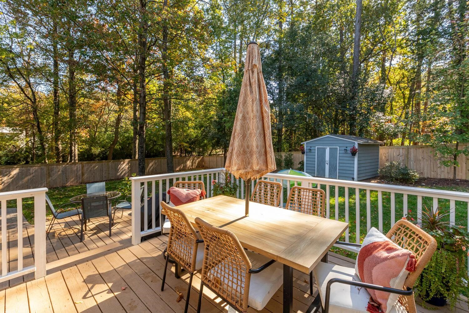 6600 Vancouver Lane Raleigh, NC 27615 - Photo 39 of 53 a view of a patio with a table chairs and a garden