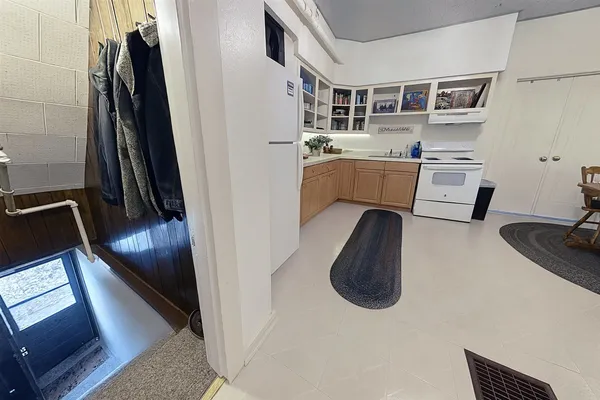 a room with a stove a sink and a refrigerator