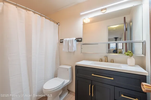 a bathroom with a granite countertop sink a toilet and a mirror