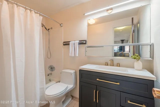 a bathroom with a granite countertop sink toilet a mirror and shower