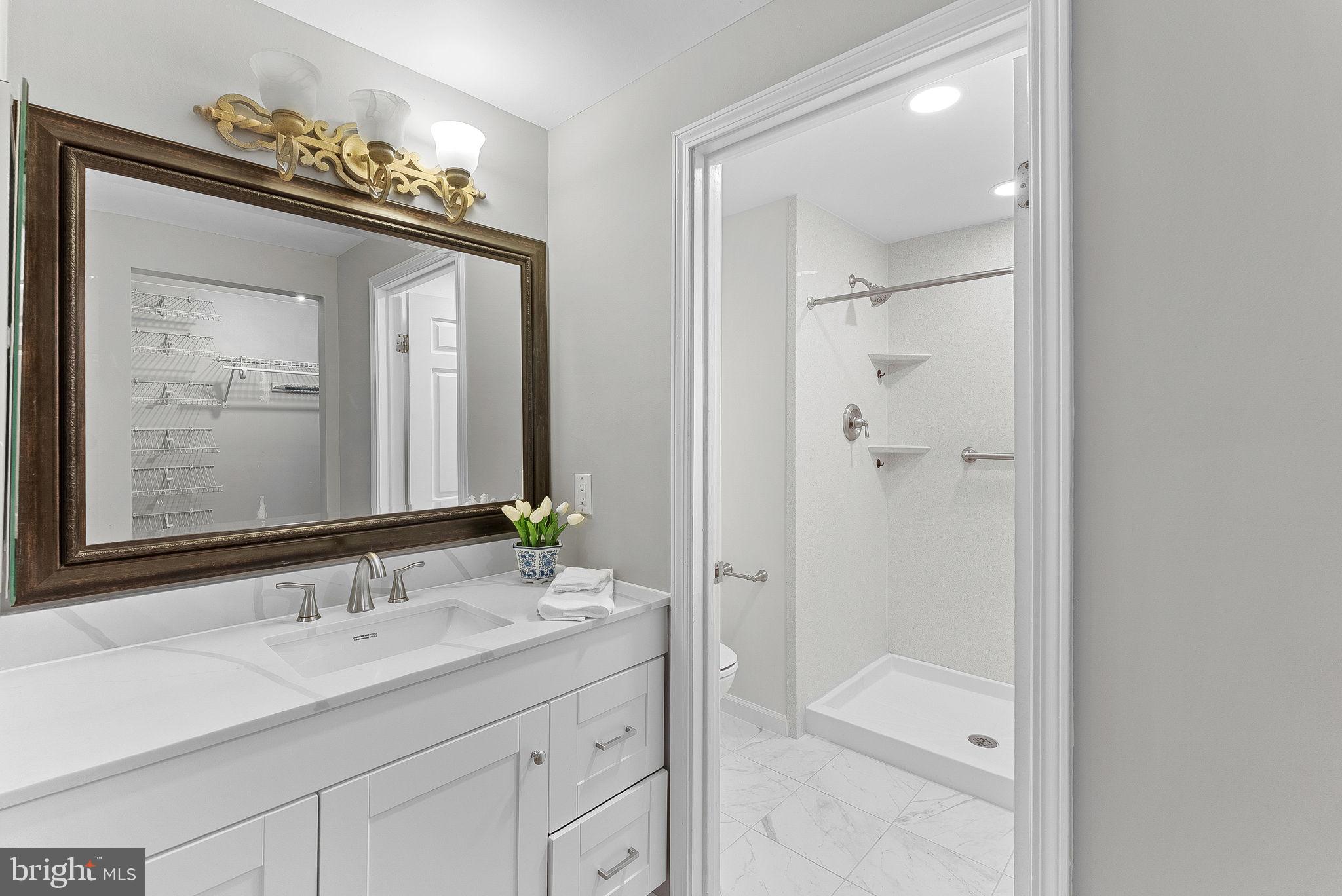 128 Applegate Drive Sterling, VA 20164 - Photo 31 of 58 a bathroom with a granite countertop sink a mirror and a shower