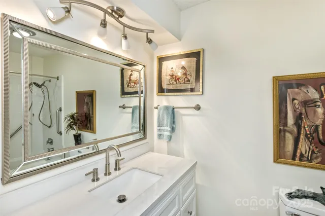 a bathroom with a sink mirror and vanity