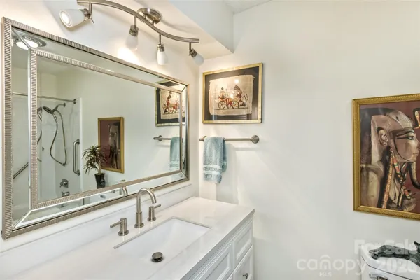 a bathroom with a sink mirror and vanity