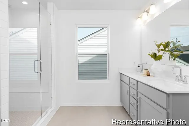 a bathroom with a sink a mirror and a shower