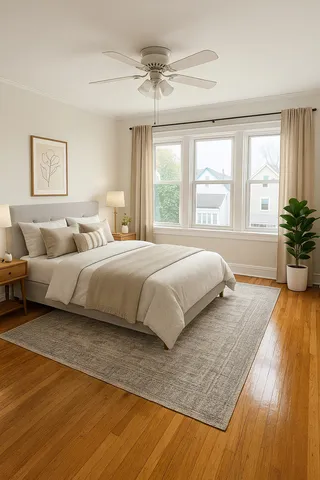 a bedroom with a large bed and wooden floor