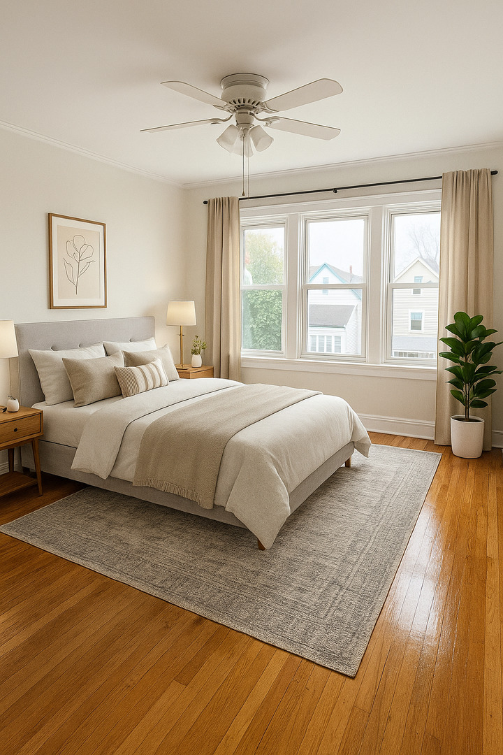 2140 North Kildare Avenue, Unit 2 Chicago, IL 60639 - Photo 2 of 11 a bedroom with a large bed and wooden floor