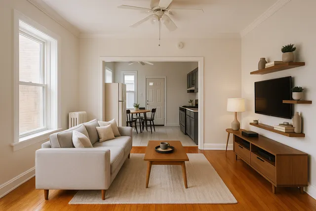 a living room with furniture a flat screen tv and a window