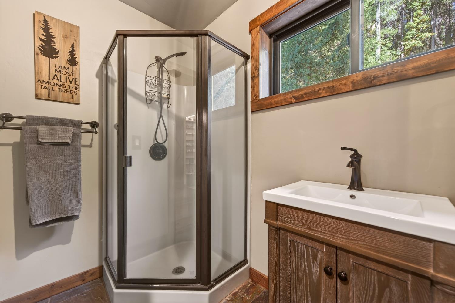 11234 Valencia Road Nevada City, CA 95959 - Photo 20 of 62 a bathroom with a shower sink and mirror