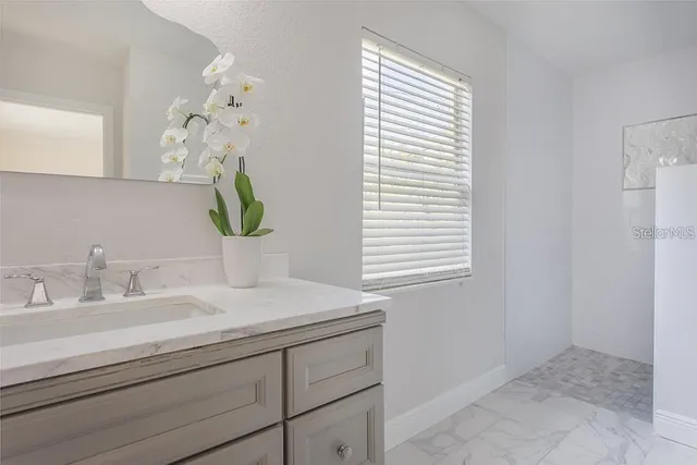 a bathroom with a sink a vanity and a mirror