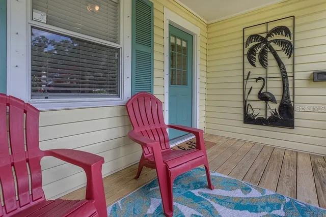 a view of a deck with a bench
