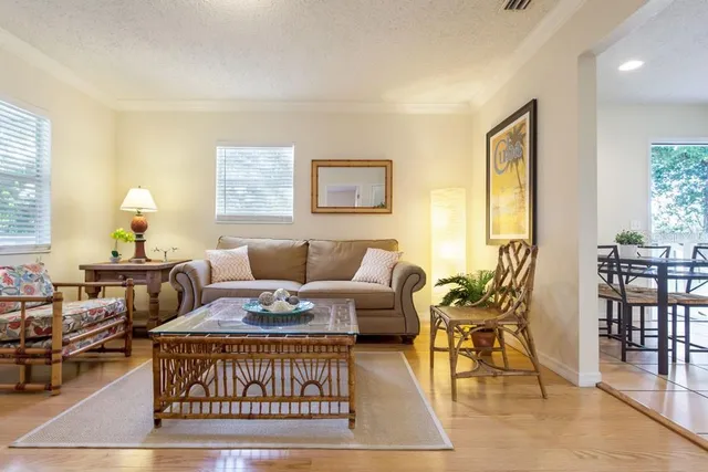 a living room with furniture a rug and a window