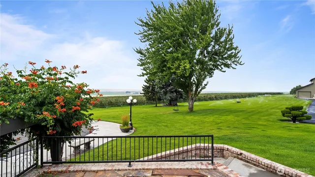 a view of a table and chairs in the garden