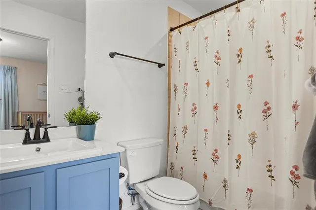 a bathroom with a sink a toilet and shower curtain
