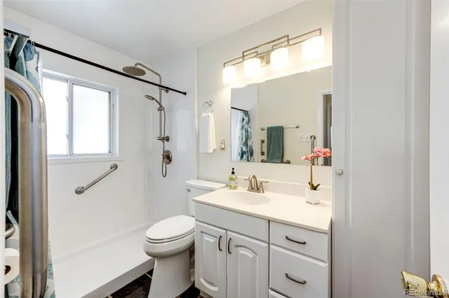 a bathroom with a sink a toilet and shower