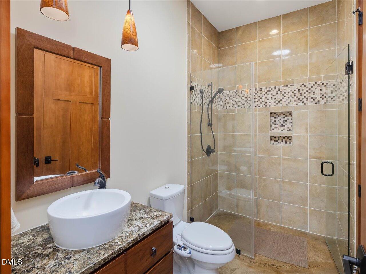 1210 Manco Dairy Road Pittsboro, NC 27312 - Photo 68 of 99 a bathroom with a granite countertop sink a toilet a mirror and shower