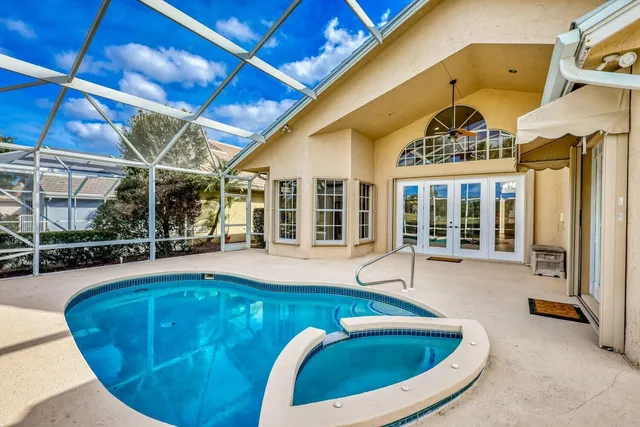 an aerial view of a pool