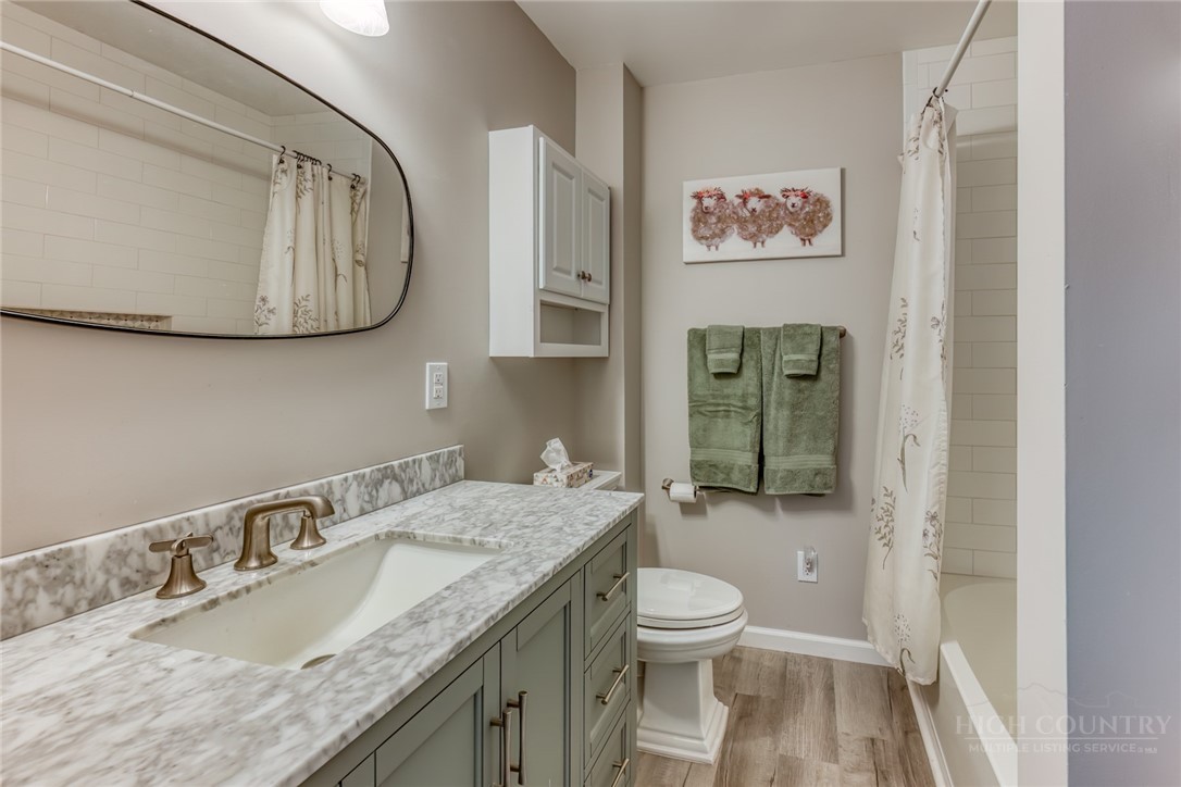 174 Spruce Pine Road Newland, NC 28657 - Photo 21 of 50 a bathroom with a granite countertop sink a toilet and a mirror